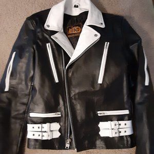 men's punk British Style 2 Tone Leather Biker Jacket- BLACK/WHITE size 40